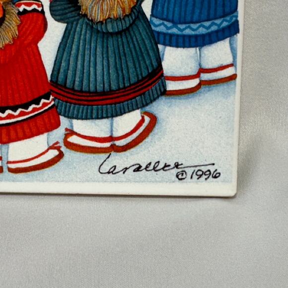 Barbara Lavallee Eskimo Tile Trivet Wall Hanging Vintage 1996 "Blanket Toss" - Picture 2 of 7